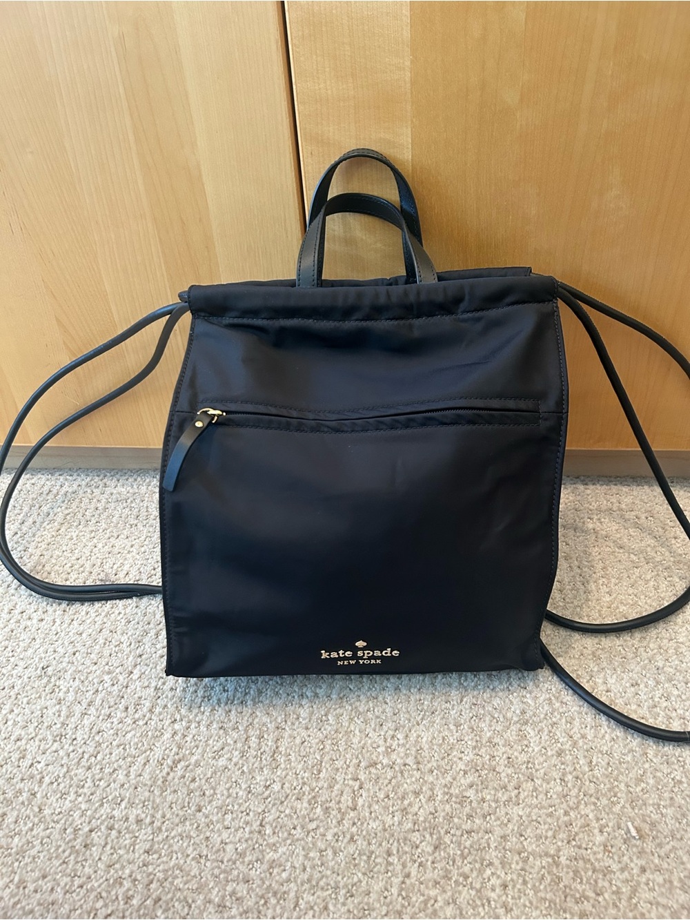 kate spade Black Nylon Drawstring Backpack with Gold Logo - Picture 3 of 4
